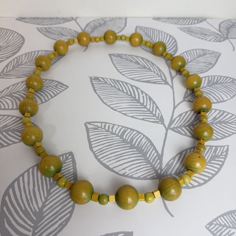 Vintage Wooden Necklace Green Yellow Circles Squares Artsy